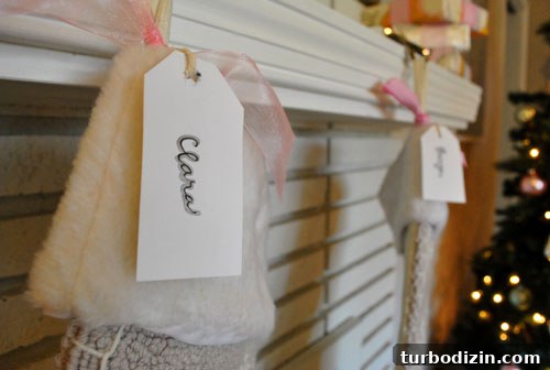 DIY Faux Christmas Presents for a Cozy Mantel Display 6 Stocking tags and ribbon