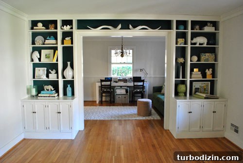 How to Paint the Backs of Built-In Bookcases for Impact 4 Built-ins painted in Dragonfly