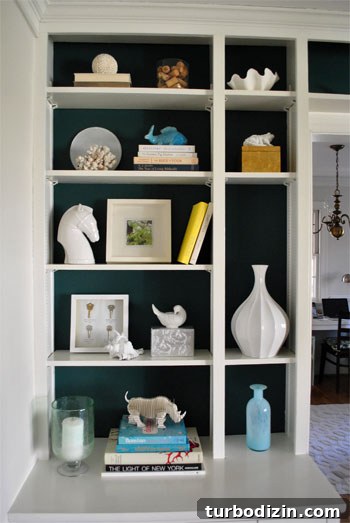 How to Paint the Backs of Built-In Bookcases for Impact 6 White ceramics on painted shelves
