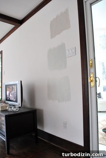 How to Choose the Perfect Gray Paint Color for Your Home 4 picking the perfect gray paint color by painting three test swatches onto the wall, Collingswood Grey Owl and Moonshine