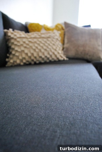 How We Assembled the IKEA Karlstad Sectional Sofa Step-by-Step 5 close up detail of ikea sectional sofa fabric in dark sivik gray