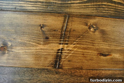 Make New Wood Look Aged: Simple Techniques for Authentic Patina 11 what long dent added to new wood looks like after staining with medium wood stain