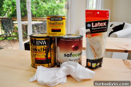 Make New Wood Look Aged: Simple Techniques for Authentic Patina 14 wood staining supplies including Minwax Wood finish, rags, latex gloves, and eco friendly sealer