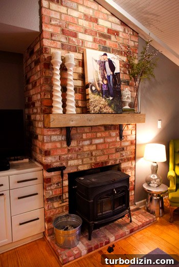 Sleek & Joyful Home Tour: Modern Design Ideas and Inspiration 6 Brick fireplace and lofted ceilings