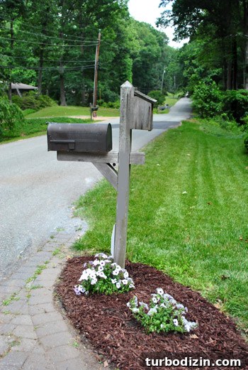 Mailbox with single alarm sign and birdhouse