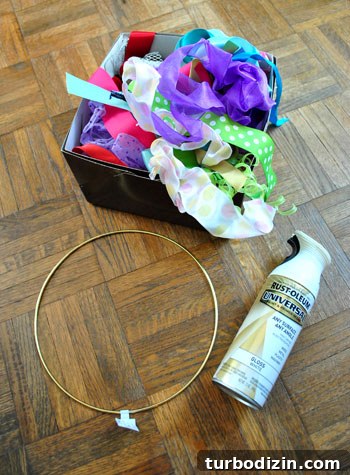 DIY Ribbon Chandelier Tutorial: Step-by-Step Guide for a Stylish Fixture 3 Spray painted hoop and ribbons