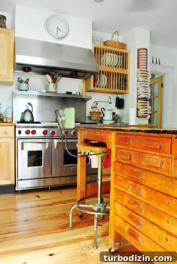Kitchen with repurposed school cabinet island