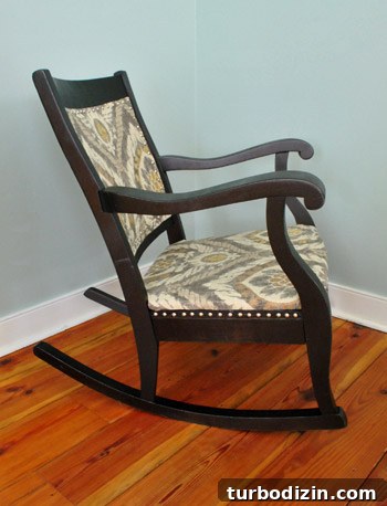 Reupholster a Rocking Chair With Fabric and Nailhead Trim in 7 Steps 17 Finished rocker side view