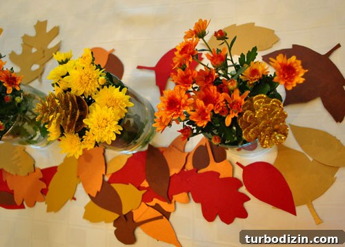 leaf decorations and glittery pinecones