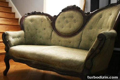 How to Reupholster a Loveseat Using Striped Fabric 2 Reupholstered loveseat front view