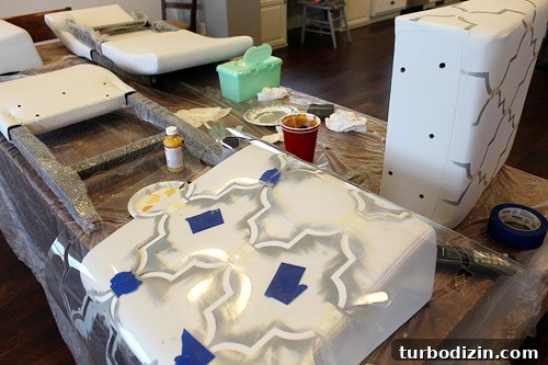 Stencil Fabric Chairs: Step-by-Step Guide to Stylish DIY Upholstery 4 Stenciling in progress