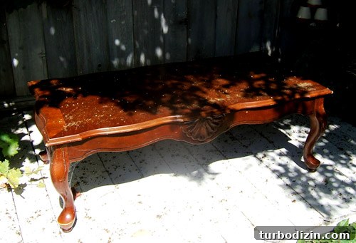 Before - over-lacquered coffee table