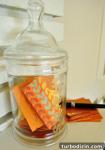 Thanksgiving Gratitude Printable – Free Printable for Family Thanks 4 Finished etched glass Thanks Jar With notes of gratitude inside