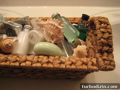 Back on the Road: Just Beach Vibes 3 Toiletries in a decorative basket with shells