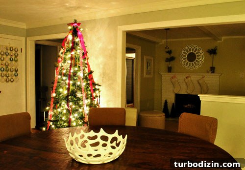 Kid-Friendly Christmas Tree Made from Paint Chips and Ribbons 13 Tree and mantel view