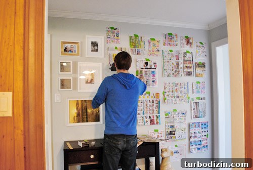 Frame collage in hallway
