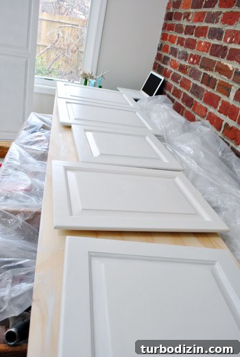 Close-up of painted cabinets