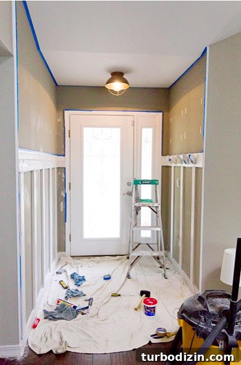 Board and Batten with Coat Hooks: Foyer Makeover by the Front Door 3 Foyer after with tile