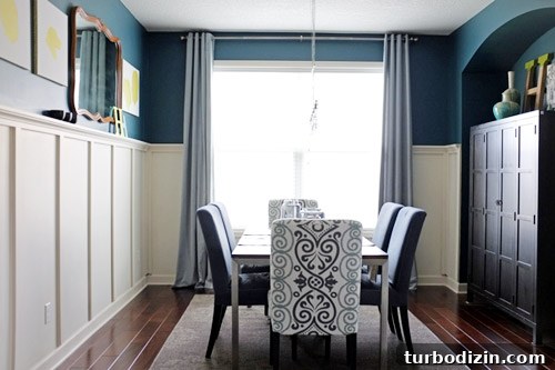 Dining Room with Board and Batten and Deep Blue Walls 3 Chandelier detail