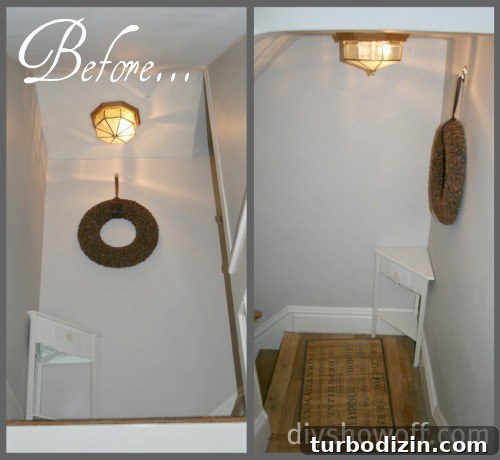 Diamond Stenciled Tan and White Wall Treatment Tutorial 2 Stairway before