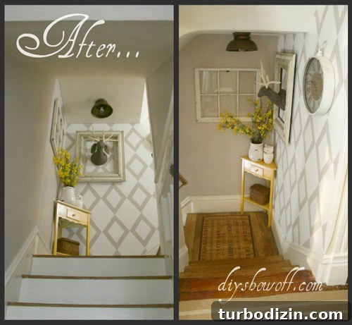 Diamond Stenciled Tan and White Wall Treatment Tutorial 3 Stencil process