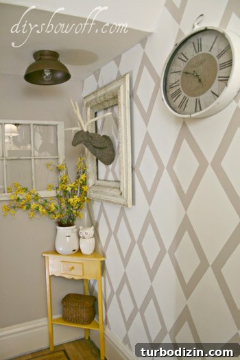 Diamond Stenciled Tan and White Wall Treatment Tutorial 4 Painted diamonds close-up