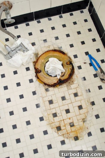 Fix a Wobbly Toilet: Quick Steps to Stabilize It Safely 12 Old wax ring around toilet flange after toilet was removed from bathroom floor