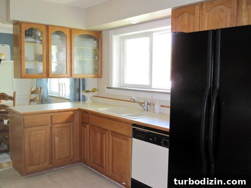 Glass-Front Cabinets, Wood Counters & Marble Backsplash Kitchen 2 Before kitchen view
