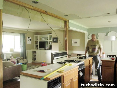 Glass-Front Cabinets, Wood Counters & Marble Backsplash Kitchen 4 Demo phase of kitchen