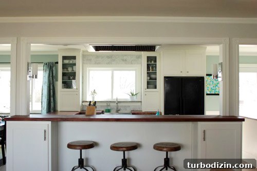 Glass-Front Cabinets, Wood Counters & Marble Backsplash Kitchen 6 Glass cabinets and marble backsplash