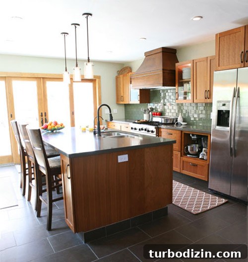 Sage Green Tile Kitchen with Warm Wood Cabinets 3 New kitchen view