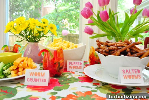 Worm-Themed Birthday Party Ideas and Decorations 8 Assorted bowls on table