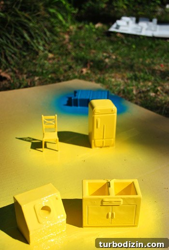 Small Dollhouse Furniture Spray Painted Sun Yellow and Blue Lagoon On Cardboard