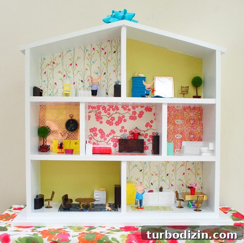 Furnished Simple DIY Wooden Dollhouse For Birthday Present With Bow