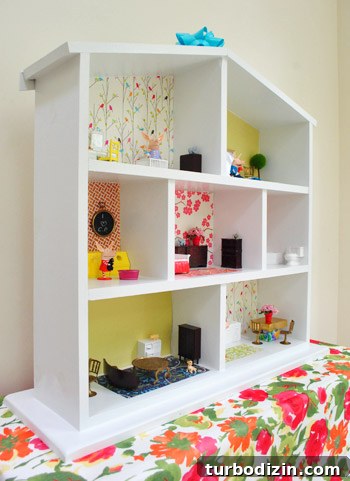 Side View Of Easy DIY Dollhouse With Wallpaper Backgrounds