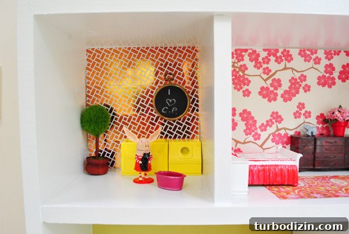 Laundry Room In DIY Simple Dollhouse Build With Reflective Gold Tape Wallpaper