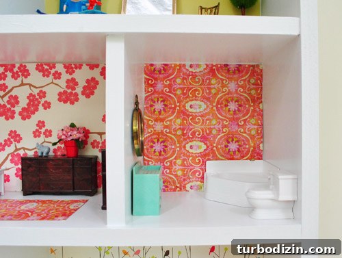 Bathroom In DIY Dollhouse Build With Colorful Craft Paper Wallpaper