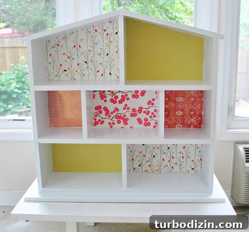 Finished Simple Dollhouse DIY With Wallpaper Background In Each Compartment Room
