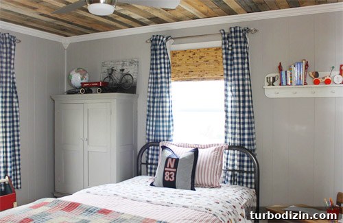 Boy’s Bedroom with Wood-Plank Ceiling and Checkered Curtains 3 Found metal bed