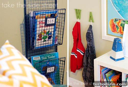 Blue-Themed Boys' Nursery Makeover with Built-In Bunk Beds 6 Hooks and book rack