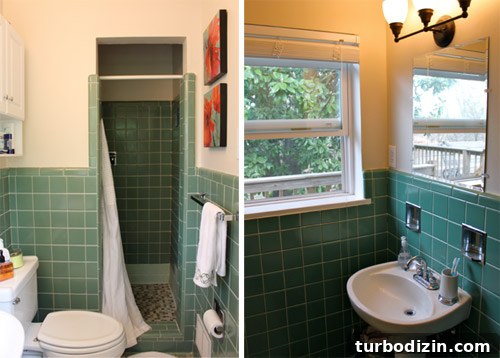 Updating a Bathroom with Marble Tile and Beadboard: Design Tips 2 Before photo of green-tiled bathroom