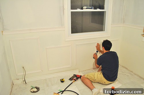 Dreamy White and Gray Bathroom with Elegant Box Molding 5 Wainscoting process