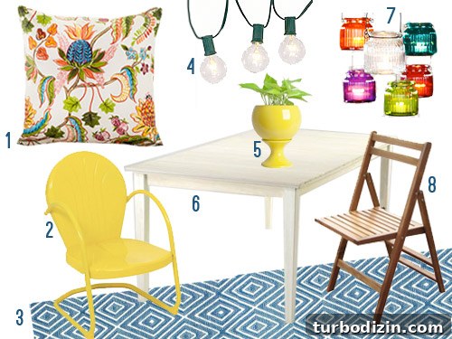 Outdoor Deck Furniture and Accessories Guide for Stylish Patios 2 Mood Board For Colorful Deck Decor | String Lights | Yellow Chair | Blue Rug