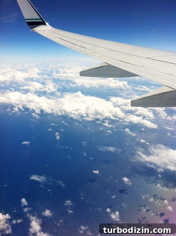 airplane wing over ocean with clouds