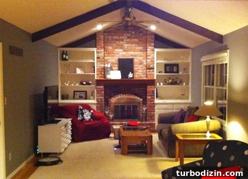 Painted White Brick Fireplace in a Vaulted Living Room Ideas 2 Living room before