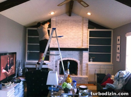 Painted White Brick Fireplace in a Vaulted Living Room Ideas 3 Painting progress