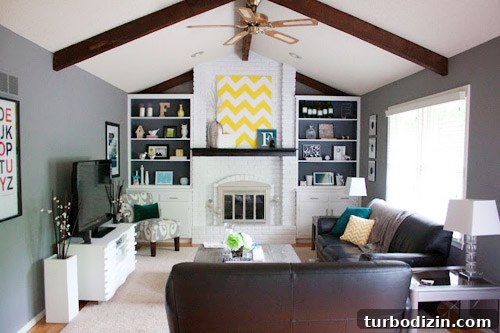 Painted White Brick Fireplace in a Vaulted Living Room Ideas 4 Finished fireplace