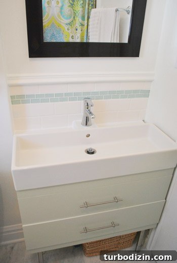 Teal Glass Tile Bathroom Refresh: Small Remodel Ideas and Tips 7 Custom green-gray vanity