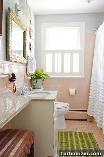 Pink tiled bathroom with ornate mirror
