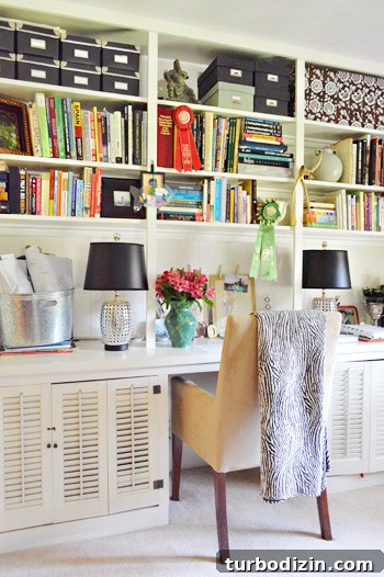 Basement office with storage and books